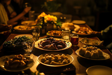Fototapeta premium Warm Gathering Around the Table, A Festive Meal with Loved Ones Sharing Food and Stories on a Cozy Evening