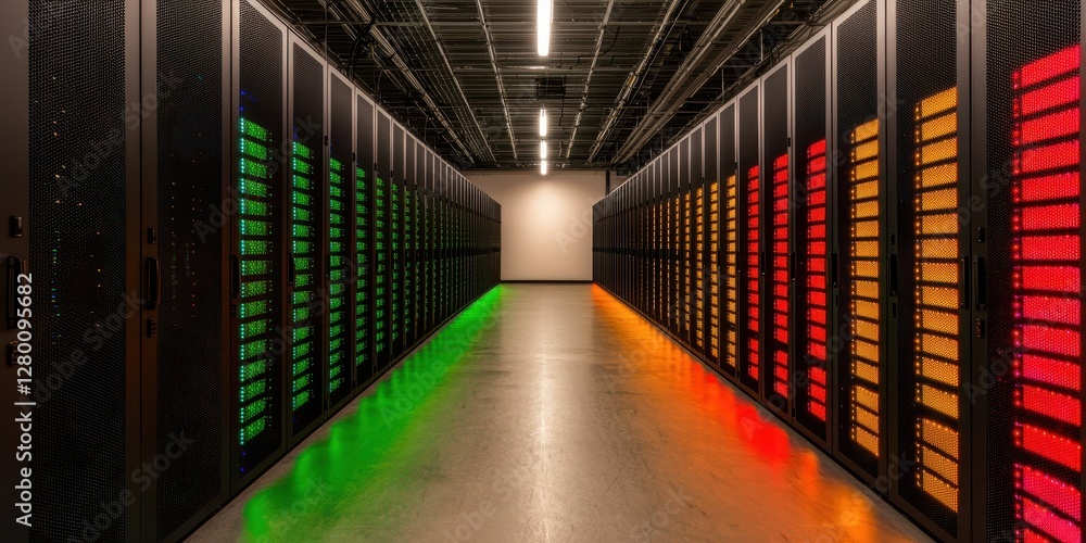 Poster a modern data center corridor features rows of servers illuminated with vibrant colored lights, show