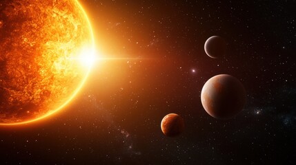A vibrant depiction of a sun illuminating several planets in a cosmic space, showcasing the beauty of the solar system.