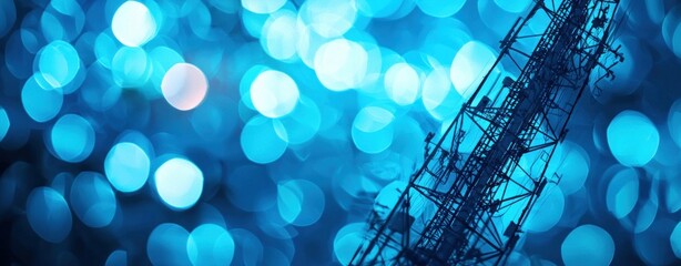 A close up view of a telecommunications tower against a bokeh background of vibrant blue lights, symbolizing technology and connectivity, suitable for tech related themes