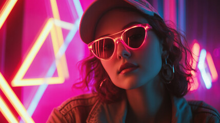Stylish Woman with Neon Lights for Nightlife and Fashion Concepts