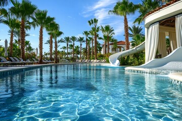 Fototapeta premium Luxurious swimming pool with waterslide in tropical resort during sunny day