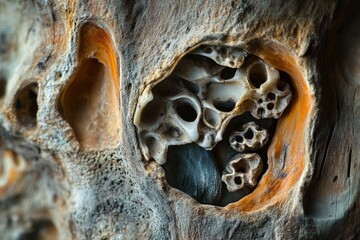 Close-up of weathered bone or shell revealing intricate textures and porous structures with embedded smaller shells.