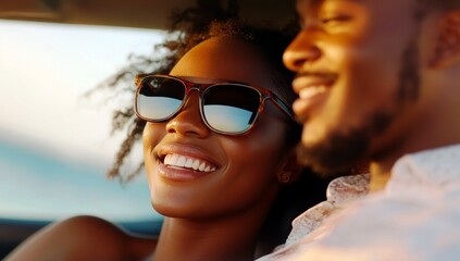 Joyful couple enjoying a sunny day in a car with smiles and sunglasses, sharing a special moment during a road trip beside the ocean.