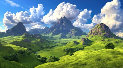 Fototapeta premium Lush green valley, majestic mountains, sunny sky, scenic landscape, travel poster