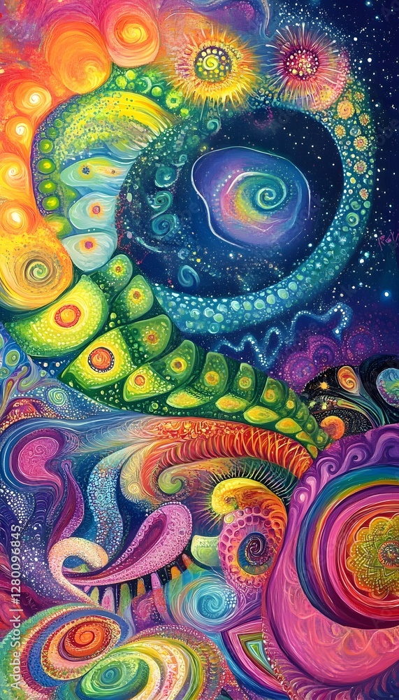 Poster a colorful abstract artwork composed of swirly shapes and patterns