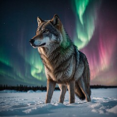 A wolf with shifting aurora borealis colors in its fur, standing in a pure white space.