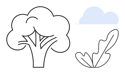 Minimalist outlines of a tree, a fluffy cloud, and a leafy plant suggest nature and environmental awareness. Ideal for themes thumbs up sustainability, growth, simplicity, serenity, nature