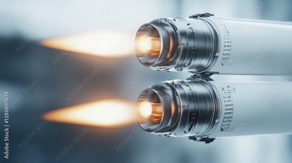 Poster dual rocket engines igniting with flames, showcasing advanced technology in a futuristic setting