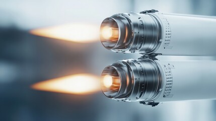 Dual rocket engines igniting with flames, showcasing advanced technology in a futuristic setting