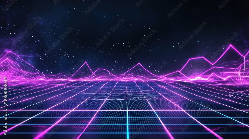 Poster abstract digital landscape with neon pink and blue lines on a starry background, representing futuri