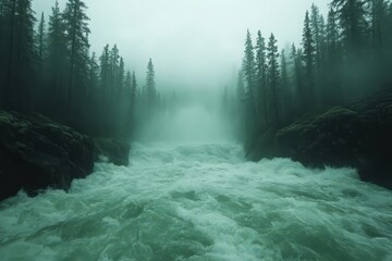 Rushing River Through Evergreen Forest Under Misty Overcast Sky Landscape