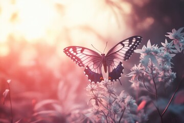 Obraz premium A delicate butterfly with black and white wings rests on soft pink flowers at sunset.
