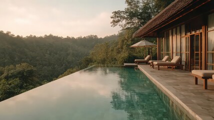 Scenic Infinity Pool Next to Building with Straw Roof and Lush Forest