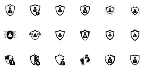 Creative Protect money icon pack, money bag and shield vector silhouette
