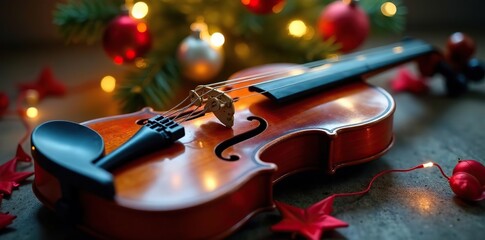Wooden violin with fairy lights in red and silver, Christmas tree, silver, ornaments