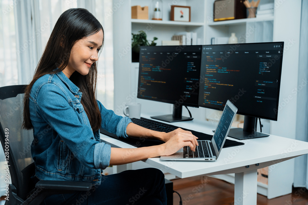 Poster smiling young asian in it developer creating with typing online information on laptop with coding pr