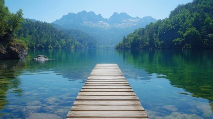 Tranquil lake dock, mountain view, summer calm