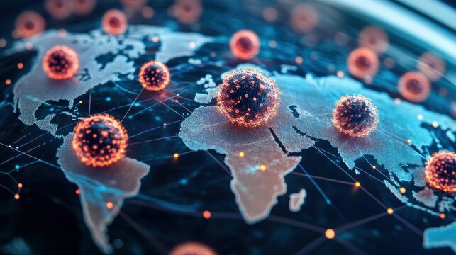 global viral pandemic spread illustration showing contagious outbreak over world map connections