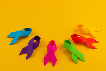 Colorful awareness ribbons symbolizing various health campaigns and support