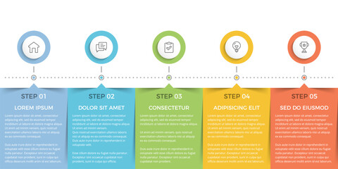 Row of five rectangular elements for your text and circles for your icons, five steps of a process or workflow, infographic template, vector eps10 illustration