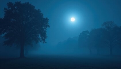 Fototapeta premium Pale moonlight filters through dense fog, illuminating dark silhouettes of trees , forest, woods