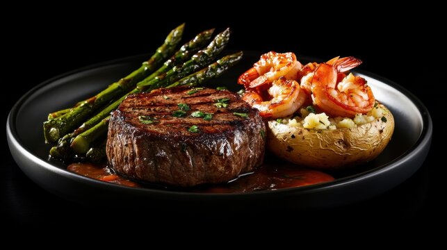 Gourmet Steak Dinner: Grilled Filet Mignon with Saut?ed Asparagus, Garlic Shrimp, and Potato
