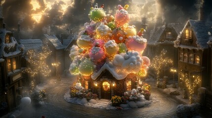 Enchanting winter village scene with whimsical glowing decorations and cozy houses under soft snowfall for festive holiday spirit