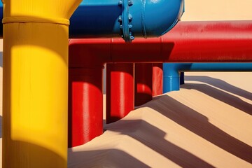 Colorful industrial pipes stand in desert sand, casting long shadows in the sunlight.