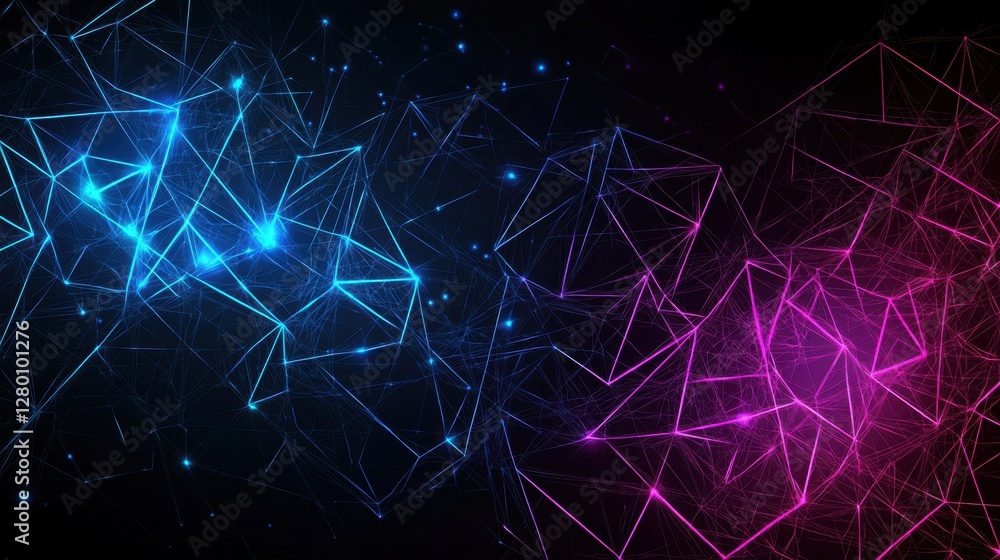 Poster digital abstract background of blue and pink geometric patterns with glowing lines and dots on black