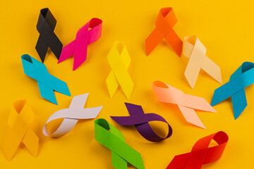 Colorful awareness ribbons representing various health campaigns and causes