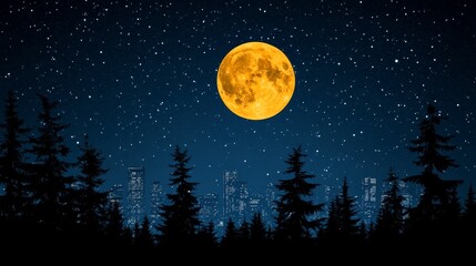 Naklejka premium Golden orb floats above treetops in night sky adorned with stars and digital aesthetic reminiscent of retro video games design element