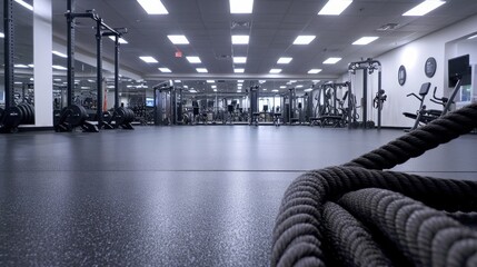 HIIT workout with battle ropes and push-up variations in a spacious gym. Featuring upper body strength and cardiovascular endurance