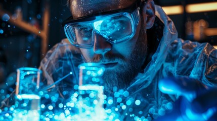 A scientist wearing protective gear observes glowing liquids in beakers, showcasing the excitement of scientific discovery in a dimly lit laboratory during the evening hours.