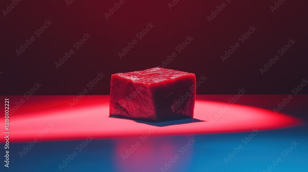 Poster vibrant red cube on a reflective surface, illuminated by colorful lights, creating a striking visual
