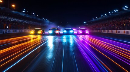 Drag racing cars illuminated by colorful LED underglow lights during a nighttime event. Featuring vibrancy and speed