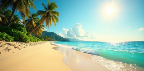 Fototapeta premium Golden sand, turquoise waves, bright sun, palm trees, bright, landscape