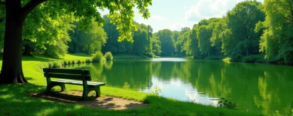 Obraz premium Green park bench overlooks summer lake Lush foliage, sunny day , stillness, insects