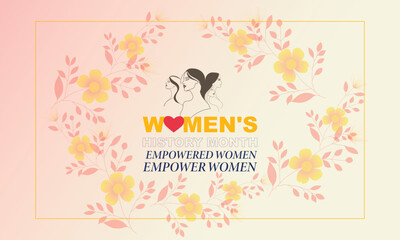 Women's History Month Celebration Poster Featuring the Slogan Empowered Women Empower Women, Three Stylized Women with Different Hairstyles and Clothing Colors, and Floral Elements on a Light Gradient