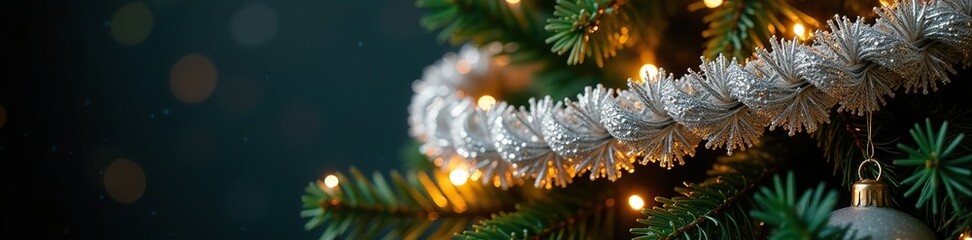 Sparkling silver and gold garland wrapped around Christmas tree, shimmering, tree
