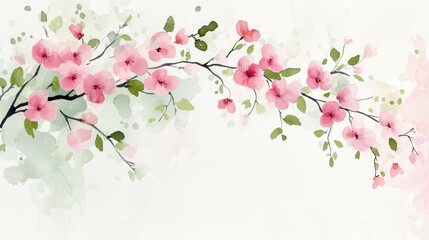 Fototapeta premium Delicate Pink Blossoms on a Soft Watercolor Background with Gentle Green Leaves and Elegant Brush Strokes for Artistic Inspiration and Floral Decor