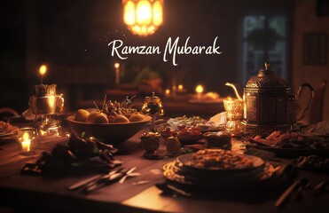 Softly lit table with traditional Ramadan elements, Ramzan Mubarak floating gently overhead.