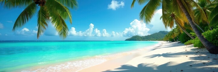 Fototapeta premium Sun-drenched beach, turquoise water, swaying palms , ocean, palm trees