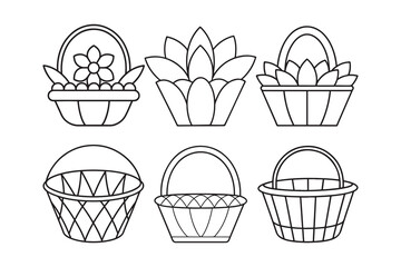 Collection of Outline Line Art Wicker Baskets, flower basket icon set, vector illustration