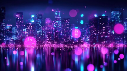 Vibrant City Skyline at Night with Colorful Lights and Sparkling Reflections on Water, Creating a Dazzling Urban Atmosphere