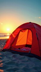 Brightly colored tent on sandy beach, sunset glow , holiday, sea