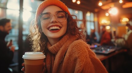 A joyful young woman enjoys a drink in a coffee shop. Morning lighting, the cozy atmosphere of a lively social gathering