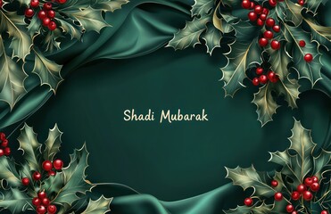 Forest green backdrop with holly patterns, perfect for a joyful Shadi Mubarak greeting.