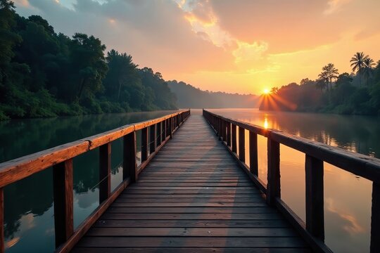 Wooden bridge on the tranquil Sena river at dusk, wooden, river