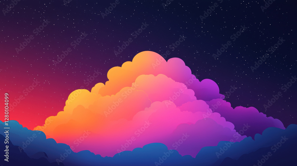Poster vibrant gradient clouds in digital art style against starry night sky, cloud computing and data stor